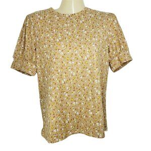 Böhme Womens XS Floral Print Short Sleeve Shirt Beige Ribbed Polyester Bohme